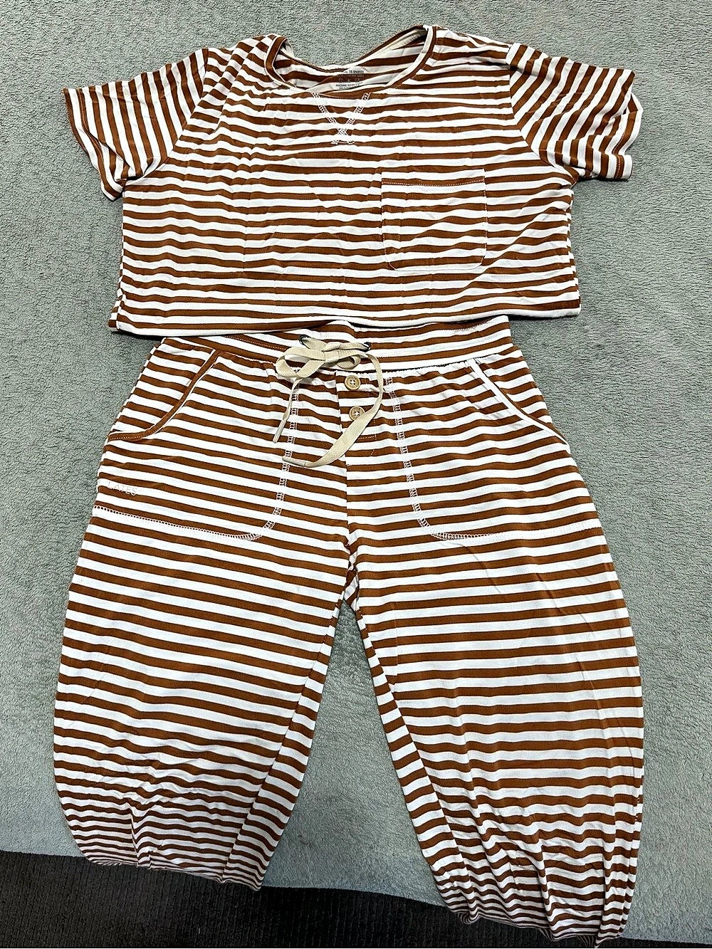 LATES by Kate two-piece striped matching pajama set in a tan and cream. Size XS.
